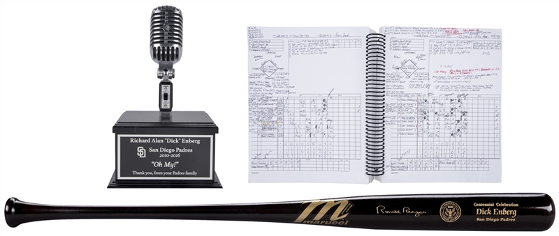 Lot of (3) Dick Enberg Owned San Diego Padres Scorebook, San Diego Padres Appreciation Award & Ronald Reagan Centennial Bat Presented to Dick Enberg (Letter of Provenance)